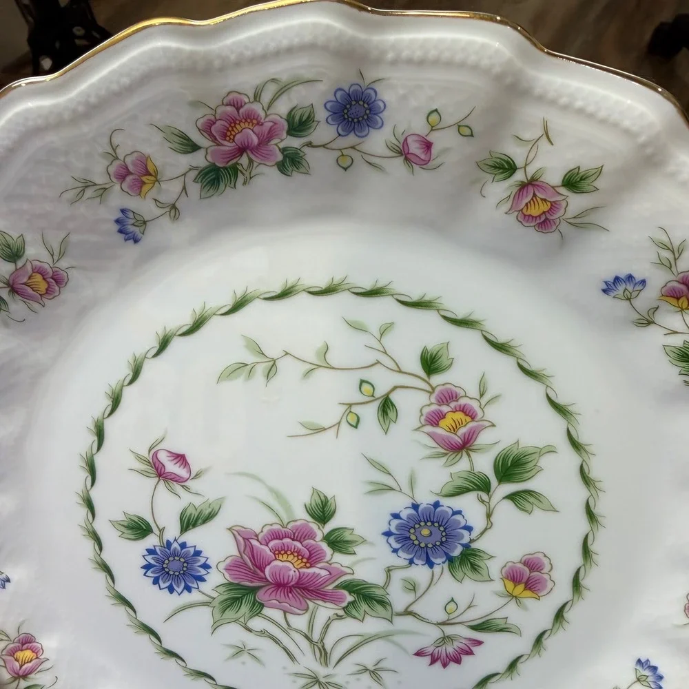 Spring Night Fine China Cake Plate Platter Floral Scalloped Gold Trim Vintage